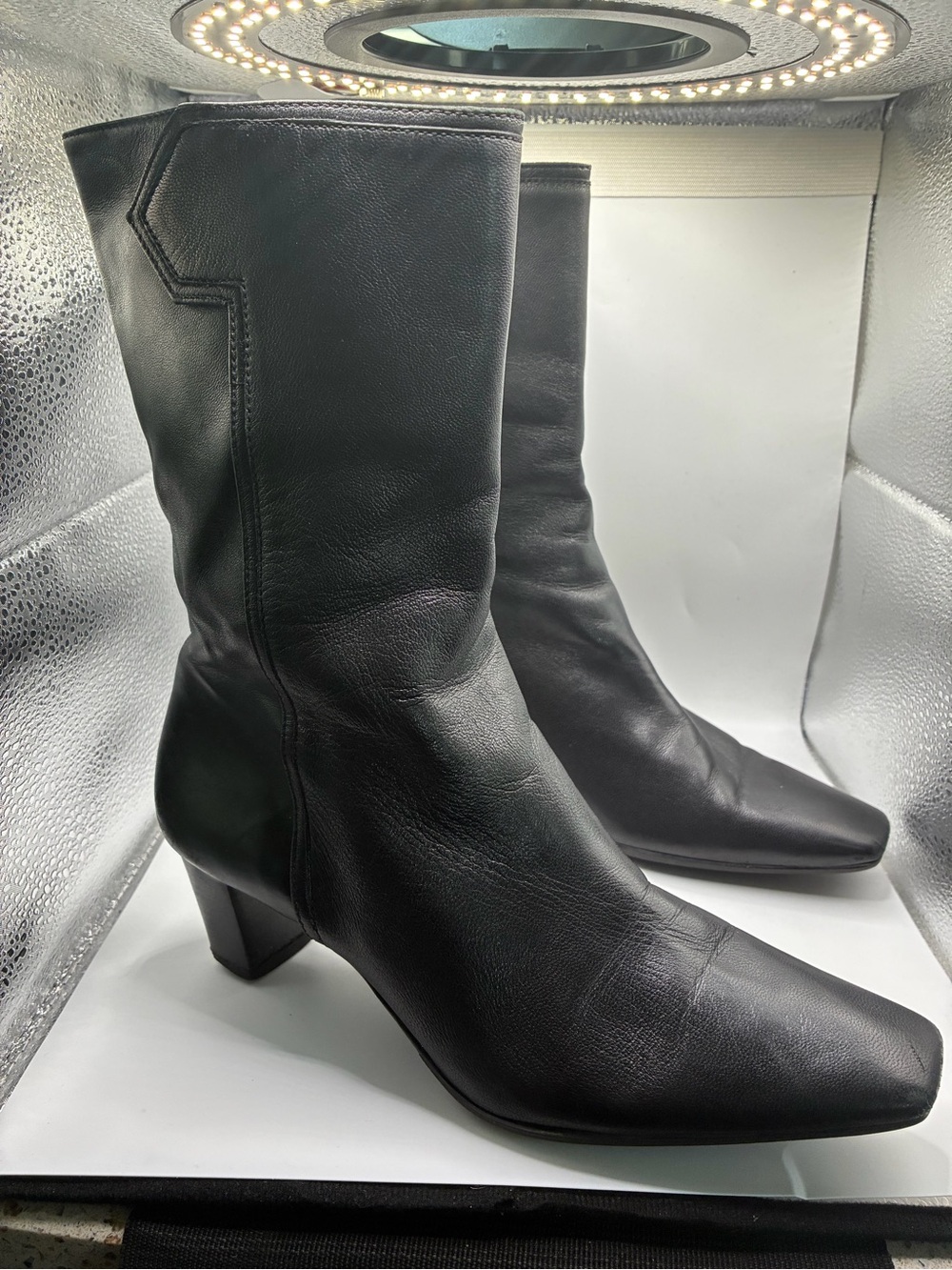 Vintage Cole Haan Black Leather Mid Calf Boots Women’s 6B Square Toe Zip Block